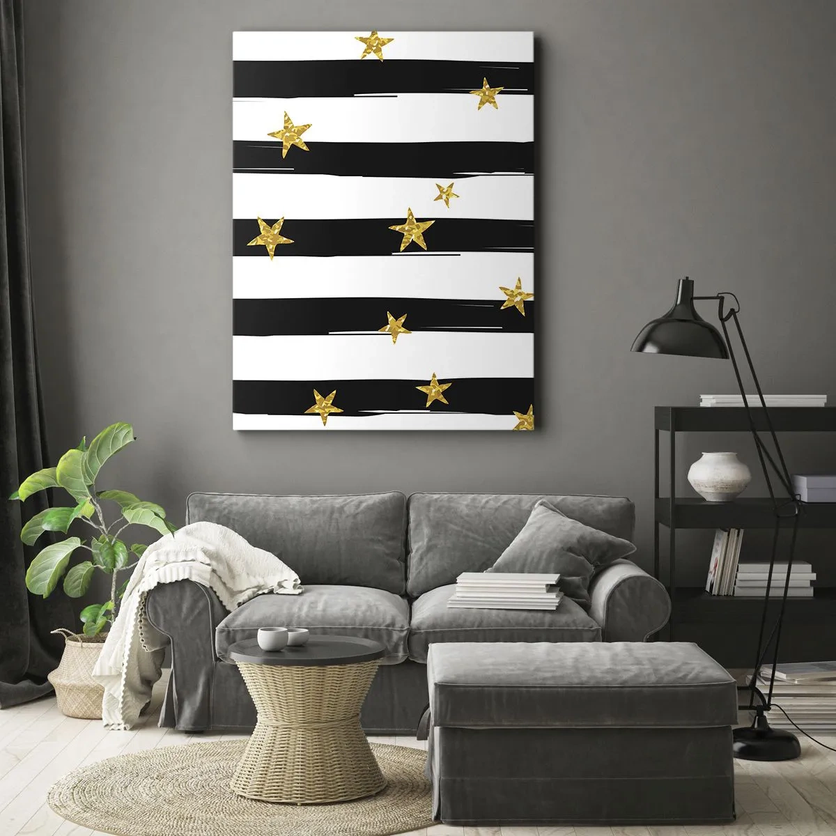 Quadro su tela - Stampe su Tela - Strisce bianche e nere con stelle dorate - 50x70cm - Siamo tutti nati sotto una buona stella - Decorazione murale moderna per soggiorno e camera da letto ARTTOR