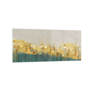 Quadro su vetro - Accenti dorati su sfondo verde-beige - 120x50cm - Confine dorato - Decorazione murale moderna per soggiorno e camera da letto ARTTOR