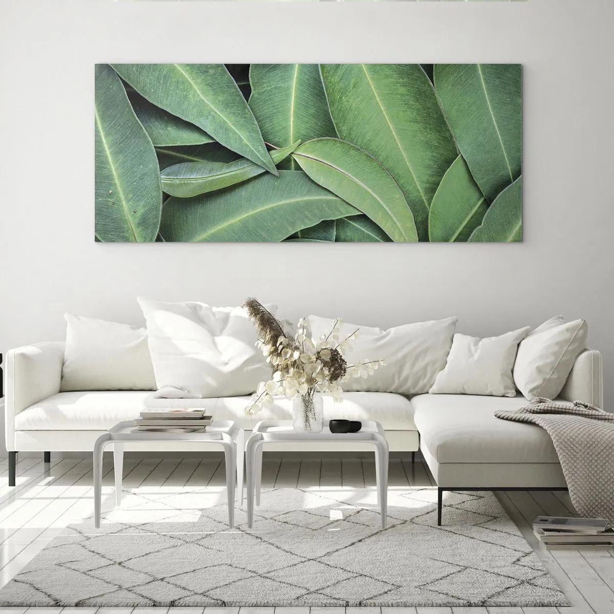 Quadro su vetro - Primo piano di foglie verdi che creano un motivo naturale - 160x50cm - Succosi e freschi - Decorazione murale moderna per soggiorno e camera da letto ARTTOR