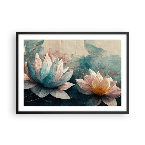 Poster in cornice nera - Delicate ninfee in tonalità pastello di blu e oro - 70x50cm - Le stelle del lago - Decorazione murale moderna per soggiorno e camera da letto ARTTOR