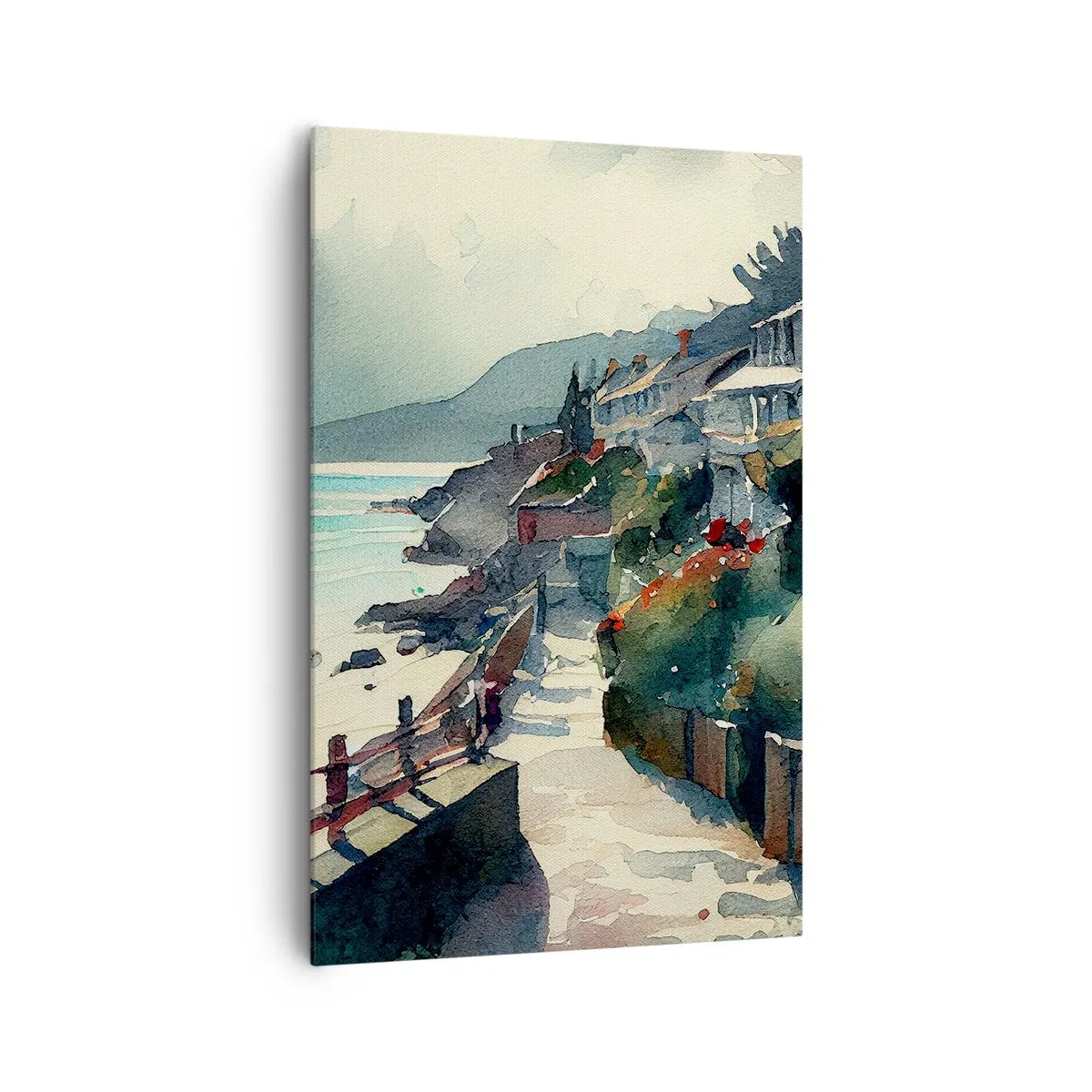 Quadro su tela - Stampe su Tela - Lungomare con case e vegetazione - 80x120cm - Cittadina mediterranea - Decorazione murale moderna per soggiorno e camera da letto ARTTOR