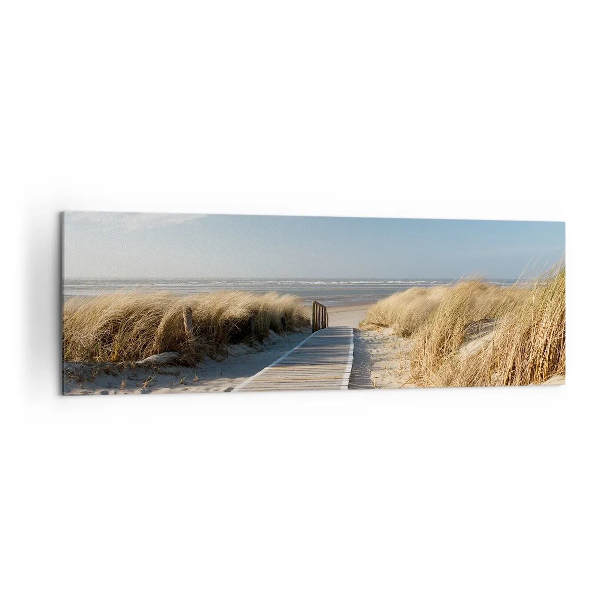 Quadro su tela - Stampe su Tela - Un sentiero di legno conduce attraverso le dune fino al mare calmo - 160x50cm - Dopo la duna, nel fruscio dell'erba - Decorazione murale moderna per soggiorno e camera da letto ARTTOR