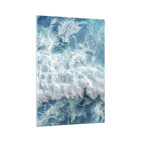 Quadro su vetro - Onde oceaniche dinamiche nelle tonalità del blu - 70x100cm - Con gioia e saltellando - Decorazione murale moderna per soggiorno e camera da letto ARTTOR