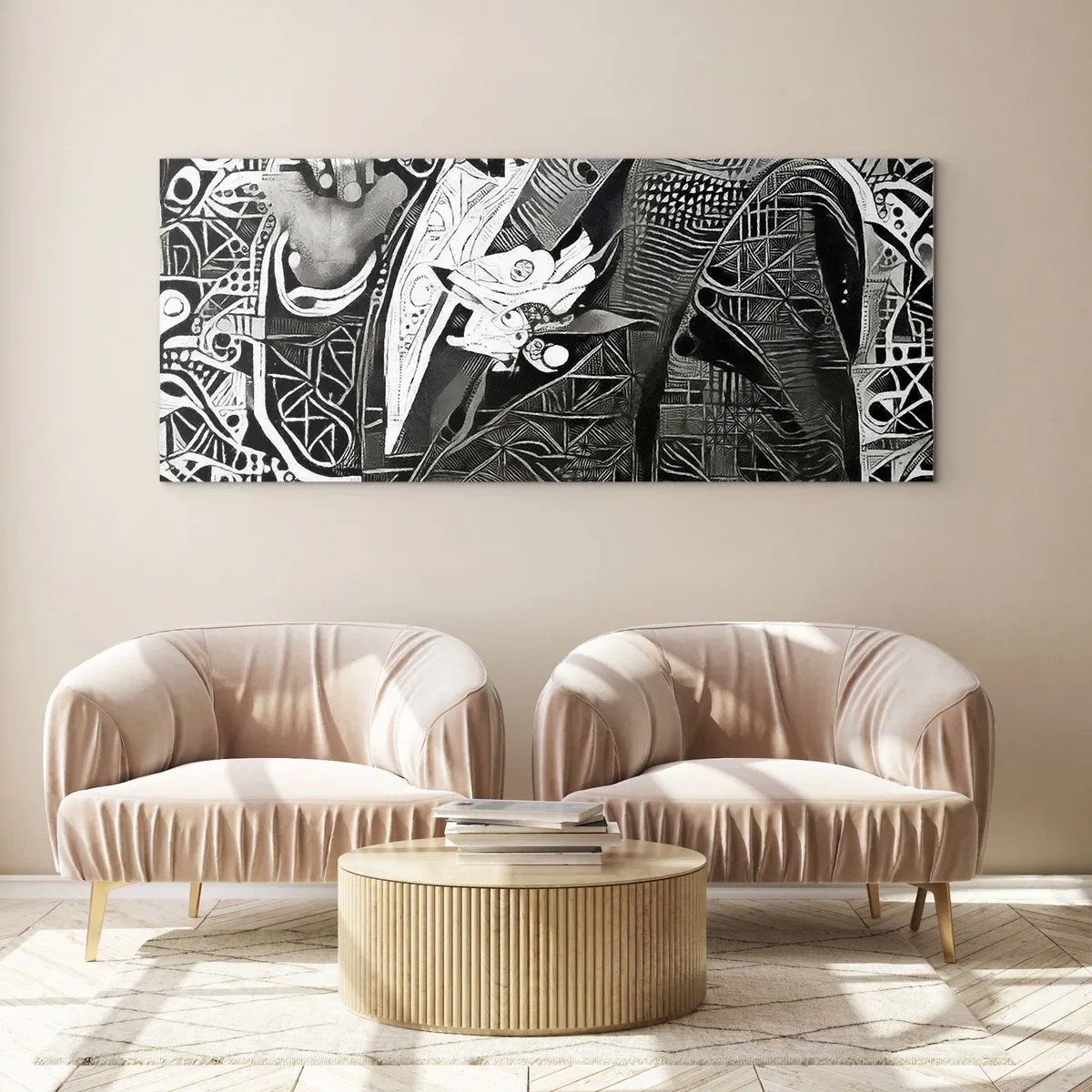 Quadro su vetro - Elegante astrazione di un uomo in abito in bianco e nero - 120x50cm - Solo in apparenza un uomo grigio - Decorazione murale moderna per soggiorno e camera da letto ARTTOR