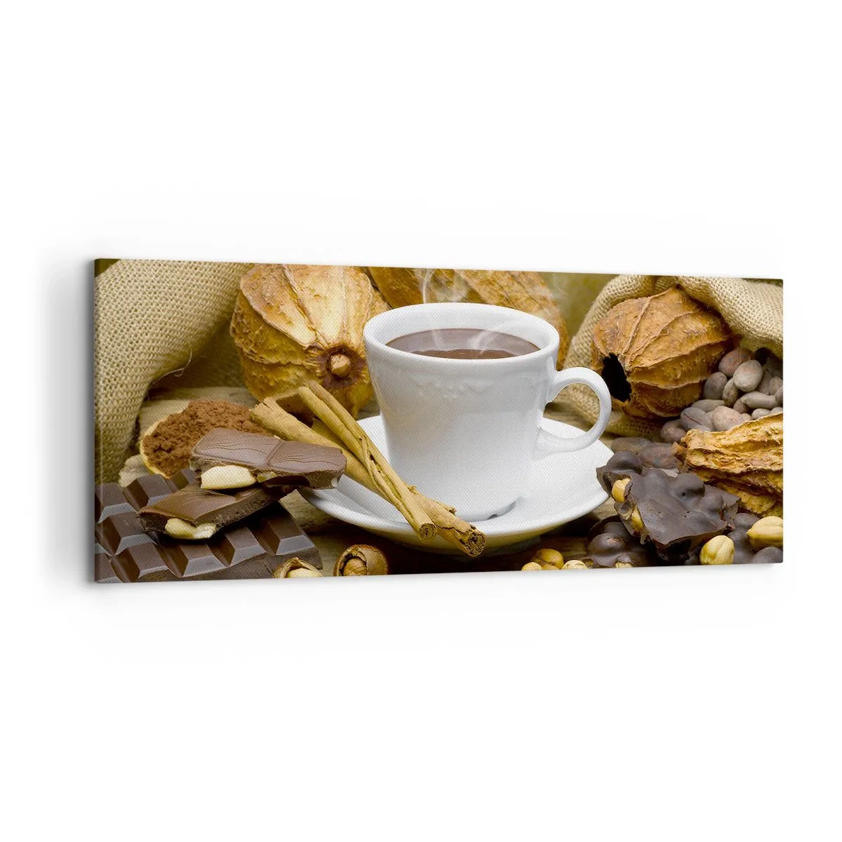 Quadro su tela - Stampe su Tela - Una tazza di cioccolata calda circondata da cacao e cannella - 120x50cm - Per i cercatori di emozioni - Decorazione murale moderna per soggiorno e camera da letto ARTTOR