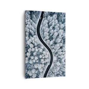 Quadro su tela - Stampe su Tela - Una vista a volo d'uccello di una strada tortuosa in una foresta invernale - 80x120cm - Attraverso il bosco invernale - Decorazione murale moderna per soggiorno e camera da letto ARTTOR