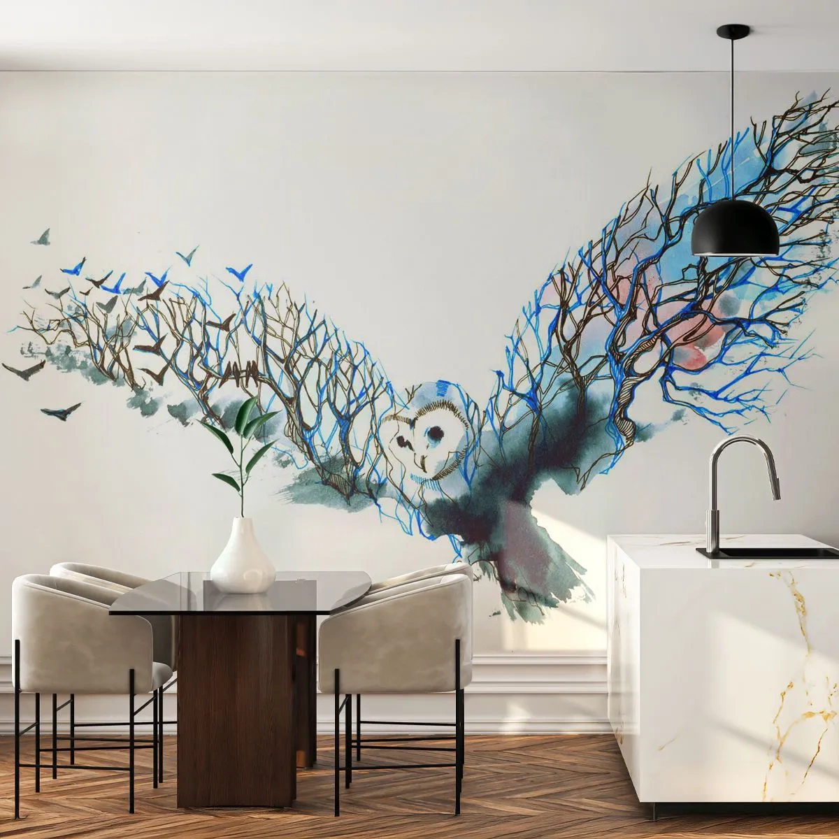 Fotomurali Premium Canvas - Grafica artistica di un gufo con le ali spiegate - 100x70cm - Sulle ali del bosco - Decorazione murale moderna per soggiorno e camera da letto ARTTOR