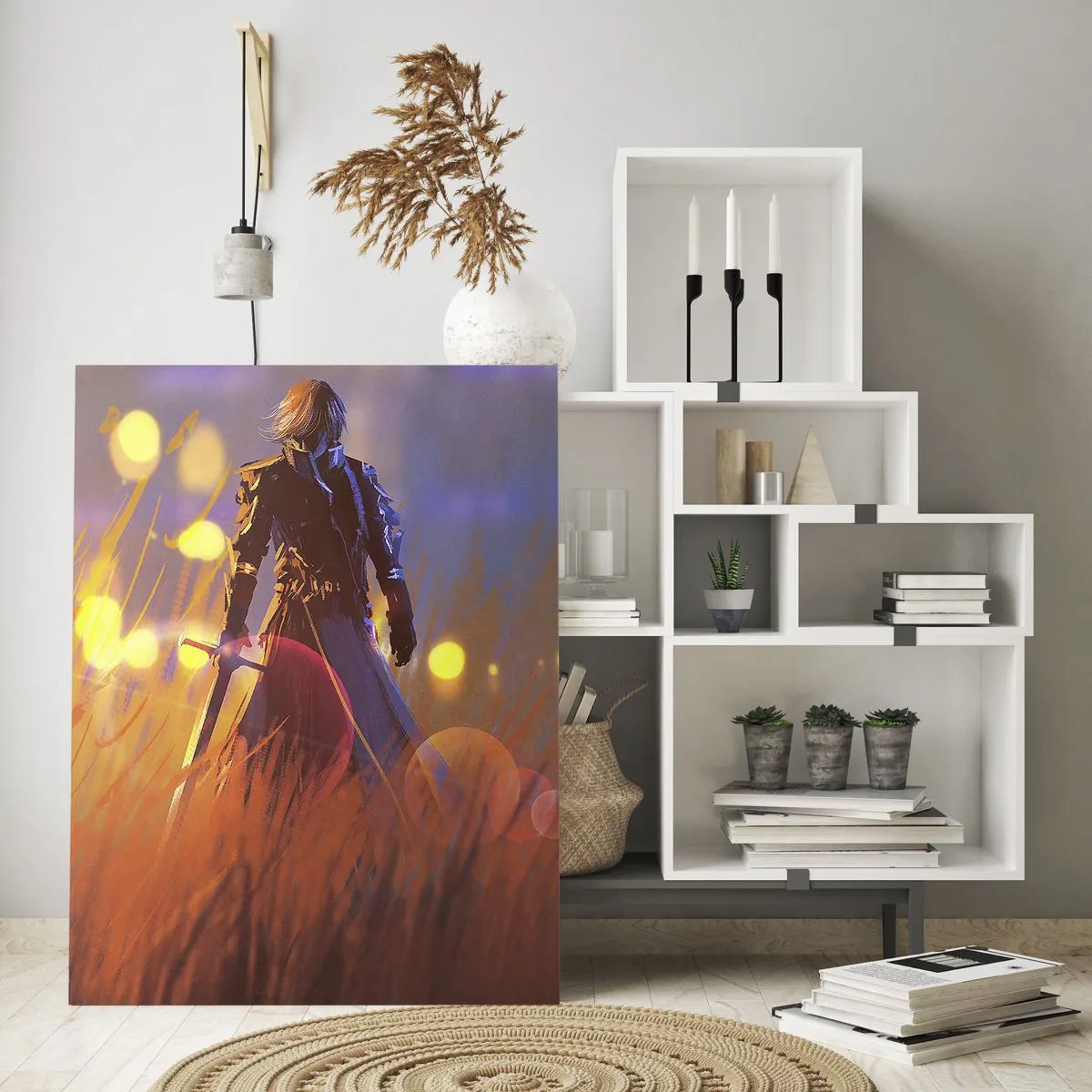 Quadro su vetro - La figura di un cavaliere alla luce del sole al tramonto in un campo - 70x100cm - Il cavaliere errante - Decorazione murale moderna per soggiorno e camera da letto ARTTOR