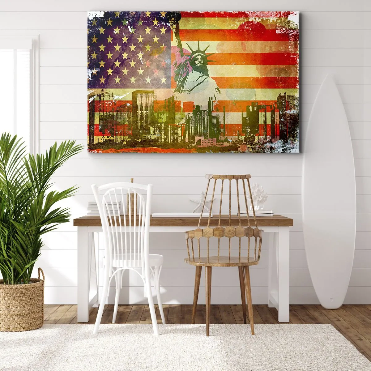 Quadro su tela - Stampe su Tela - La Statua della Libertà sullo sfondo della bandiera americana e dello skyline della città - 120x80cm - Viva l'America! - Decorazione murale moderna per soggiorno e camera da letto ARTTOR