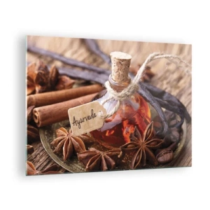 Quadro su vetro - Bottiglia di olio e spezie in stile ayurvedico - 70x50cm - Verso l'unità del corpo e dell'anima - Decorazione murale moderna per soggiorno e camera da letto ARTTOR