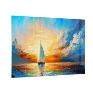 Quadro su vetro - Una barca a vela in mare alla luce del sole al tramonto - 70x50cm - Navigando nell'oro - Decorazione murale moderna per soggiorno e camera da letto ARTTOR