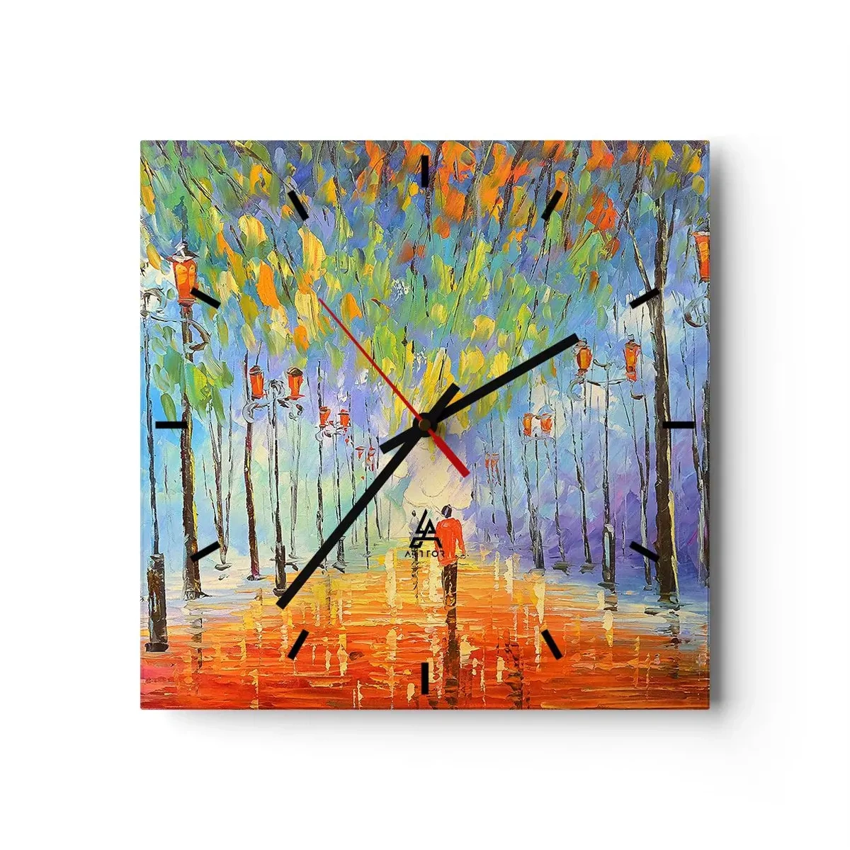 Orologio da parete - Orologio in Vetro - Una pittoresca passeggiata tra le lanterne in una notte piovosa - 30x30cm - Canzone notturna sotto la pioggia - Decorazione murale moderna per soggiorno e camera da letto ARTTOR