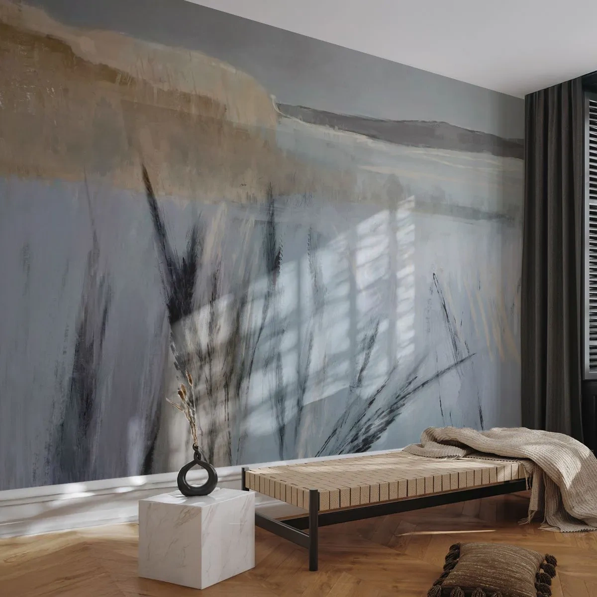 Fotomurali Premium Sand - Campi d'erba invernali pittorici contro un cielo pastello - 100x70cm - Campi d'inverno - Decorazione murale moderna per soggiorno e camera da letto ARTTOR