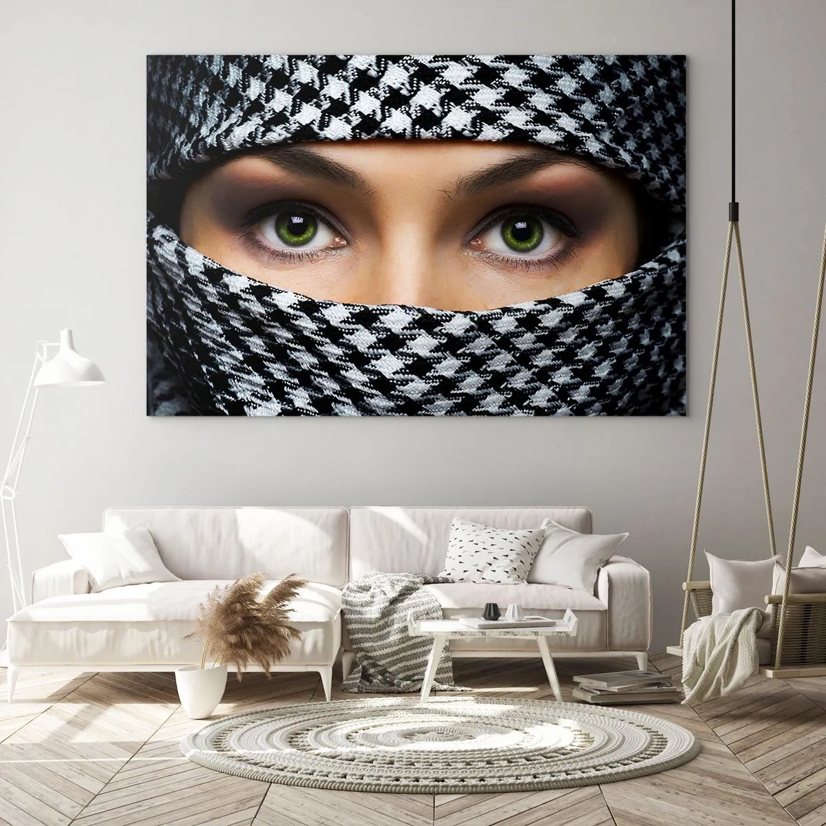 Quadro su vetro - Occhi verdi circondati da un motivo bianco e nero - 70x50cm - Ritratto di bellezza velata con gli occhi verdi - Decorazione murale moderna per soggiorno e camera da letto ARTTOR