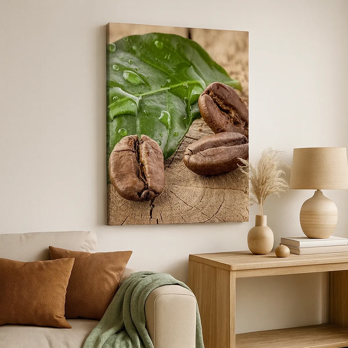 Quadro su tela - Stampe su Tela - Chicchi di caffè e foglia verde su uno sfondo di legno - 50x70cm - Nero e autentico - Decorazione murale moderna per soggiorno e camera da letto ARTTOR