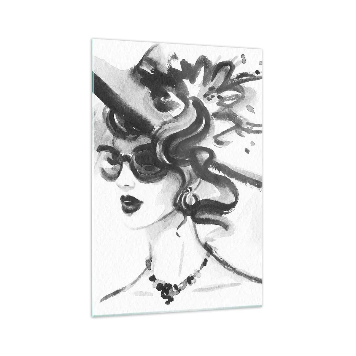 Quadro su vetro - Donna elegante con cappello in stile bianco e nero - 70x100cm - Donna di carattere - Decorazione murale moderna per soggiorno e camera da letto ARTTOR