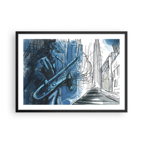 Poster in cornice nera - Una figura che suona il sassofono sullo sfondo di una città - 70x50cm - Rapsodia urbana - Decorazione murale moderna per soggiorno e camera da letto ARTTOR