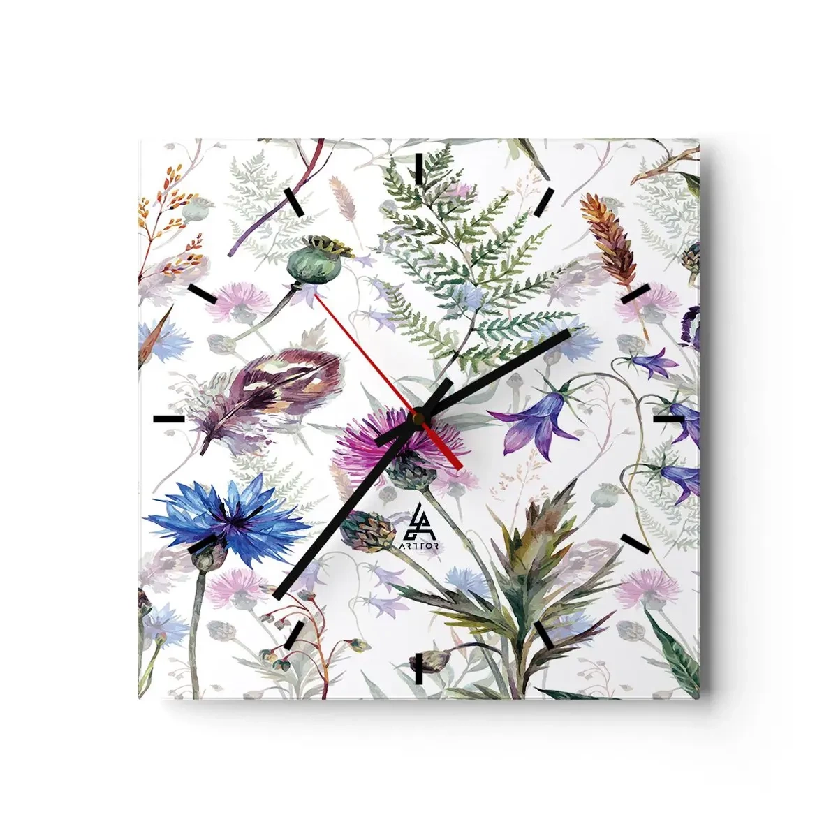 Orologio da parete - Orologio in Vetro - Fiori ed erbe acquerellati su sfondo bianco in stile erbario - 30x30cm - Erbario polacco - Decorazione murale moderna per soggiorno e camera da letto ARTTOR