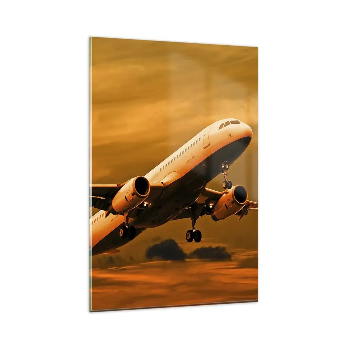 Quadro su vetro - Un aereo passeggeri decolla sullo sfondo di un cielo dorato al tramonto. - 80x120cm - In volo verso il sole - Decorazione murale moderna per soggiorno e camera da letto ARTTOR