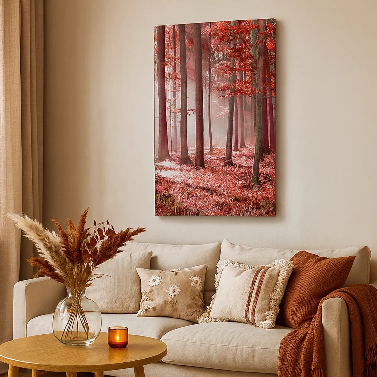 Quadro su tela - Stampe su Tela - Una splendida foresta dalle tonalità rosse con raggi di luce che penetrano attraverso gli alberi - 50x70cm - Anche rosso è bello - Decorazione murale moderna per soggiorno e camera da letto ARTTOR