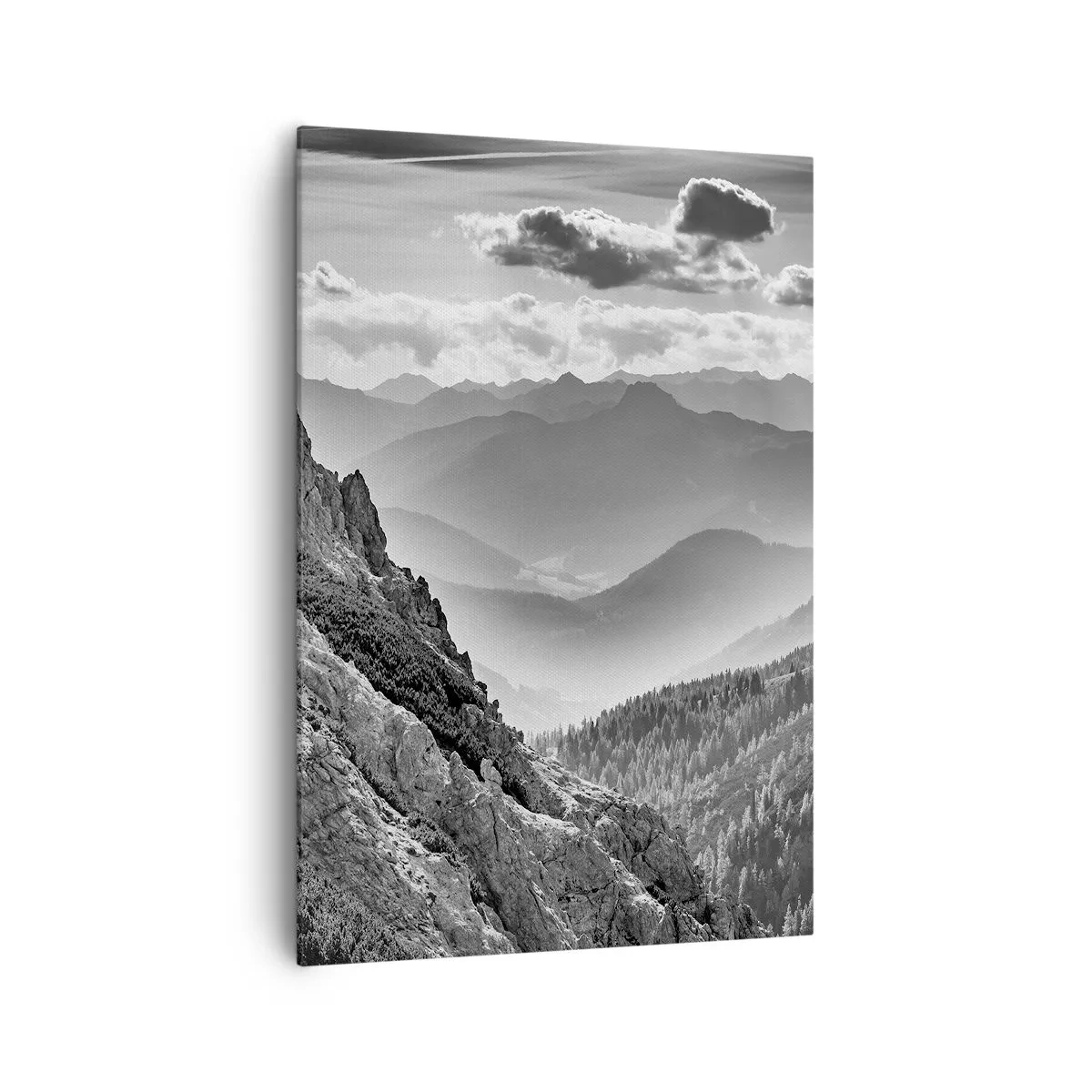 Quadro su tela - Stampe su Tela - Paesaggio montano in bianco e nero con nuvole sulle cime - 70x100cm - Fino all'orizzonte - Decorazione murale moderna per soggiorno e camera da letto ARTTOR