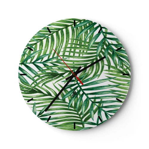 Orologio da parete - Orologio in Vetro - Foglie di palma verdi disposte in una composizione densa - 30x30cm - Sotto un baldacchino verde - Decorazione murale moderna per soggiorno, cucina e camera da letto ARTTOR