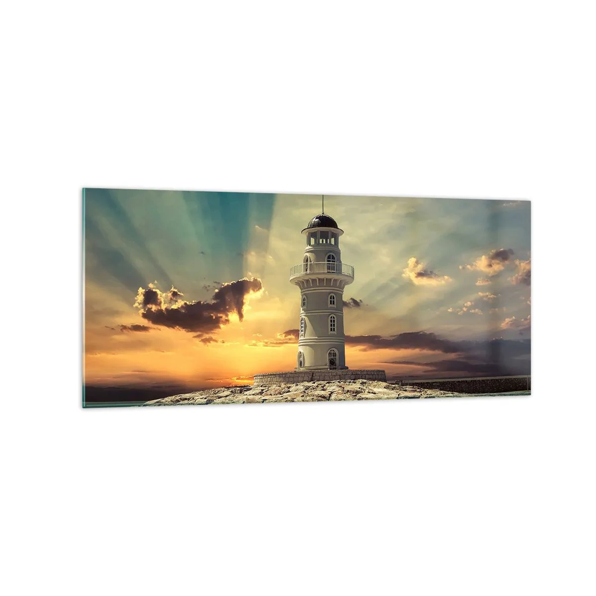 Quadro su vetro - Un faro al tramonto contro il cielo - 120x50cm - Luce - Bontà - Bellezza - Decorazione murale moderna per soggiorno e camera da letto ARTTOR