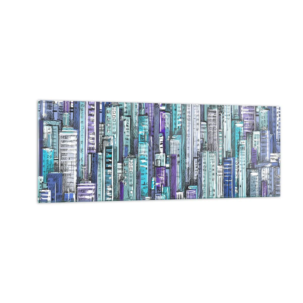 Quadro su vetro - Illustrazione di una città con edifici geometrici nelle tonalità del blu e del viola. - 140x50cm - Bluastri dal cielo - Decorazione murale moderna per soggiorno e camera da letto ARTTOR