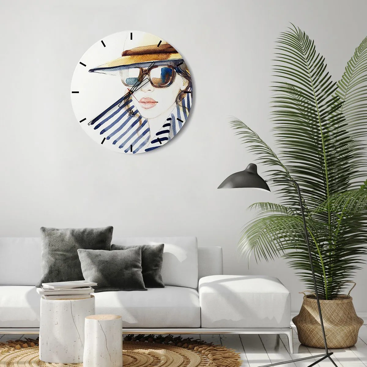 Orologio da parete - Orologio in Vetro - Donna elegante con cappello e occhiali da sole - 30x30cm - La Florida dà il benvenuto! - Decorazione murale moderna per soggiorno, cucina e camera da letto ARTTOR