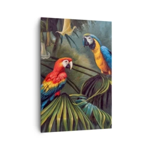 Quadro su tela - Stampe su Tela - Pappagalli in una foresta tropicale con fiori esotici sullo sfondo - 70x100cm - Romanticità ai tropici - Decorazione murale moderna per soggiorno e camera da letto ARTTOR