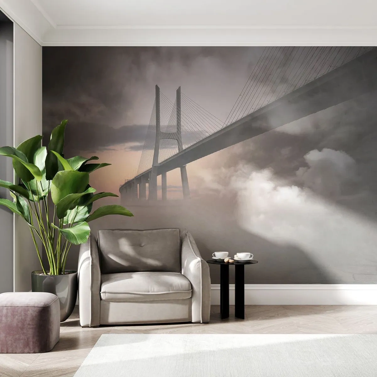 Fotomurali Premium Sand - Sul fiume che non c'è - Paesaggio, Ponte, Architettura - 350x256 cm