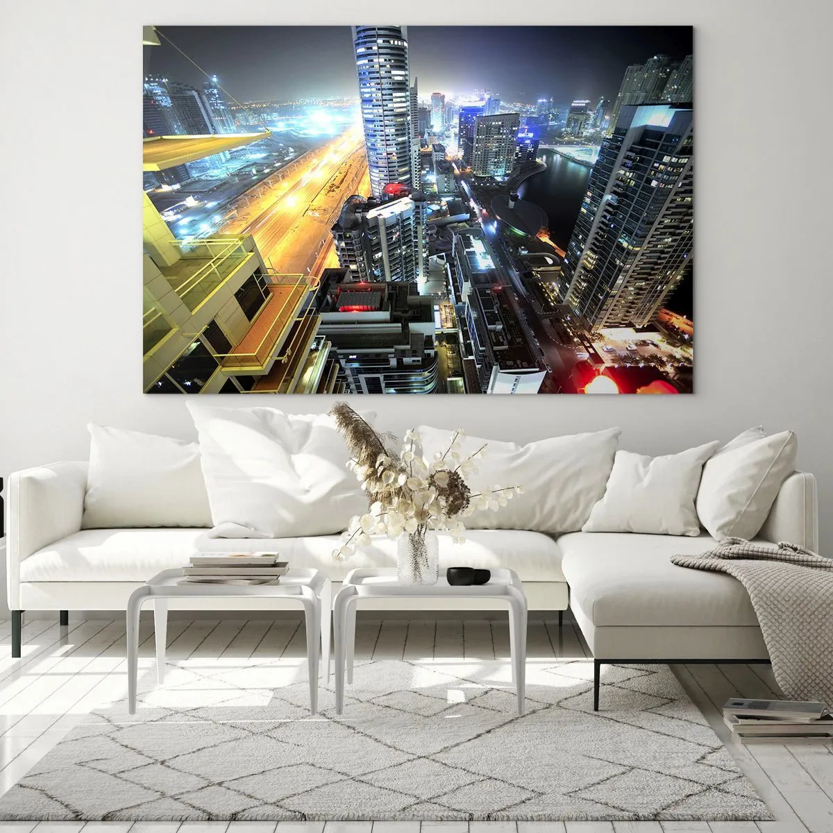 Quadro su vetro - Panorama della città notturna con grattacieli illuminati - 70x50cm - Miracolo nel deserto - Decorazione murale moderna per soggiorno e camera da letto ARTTOR