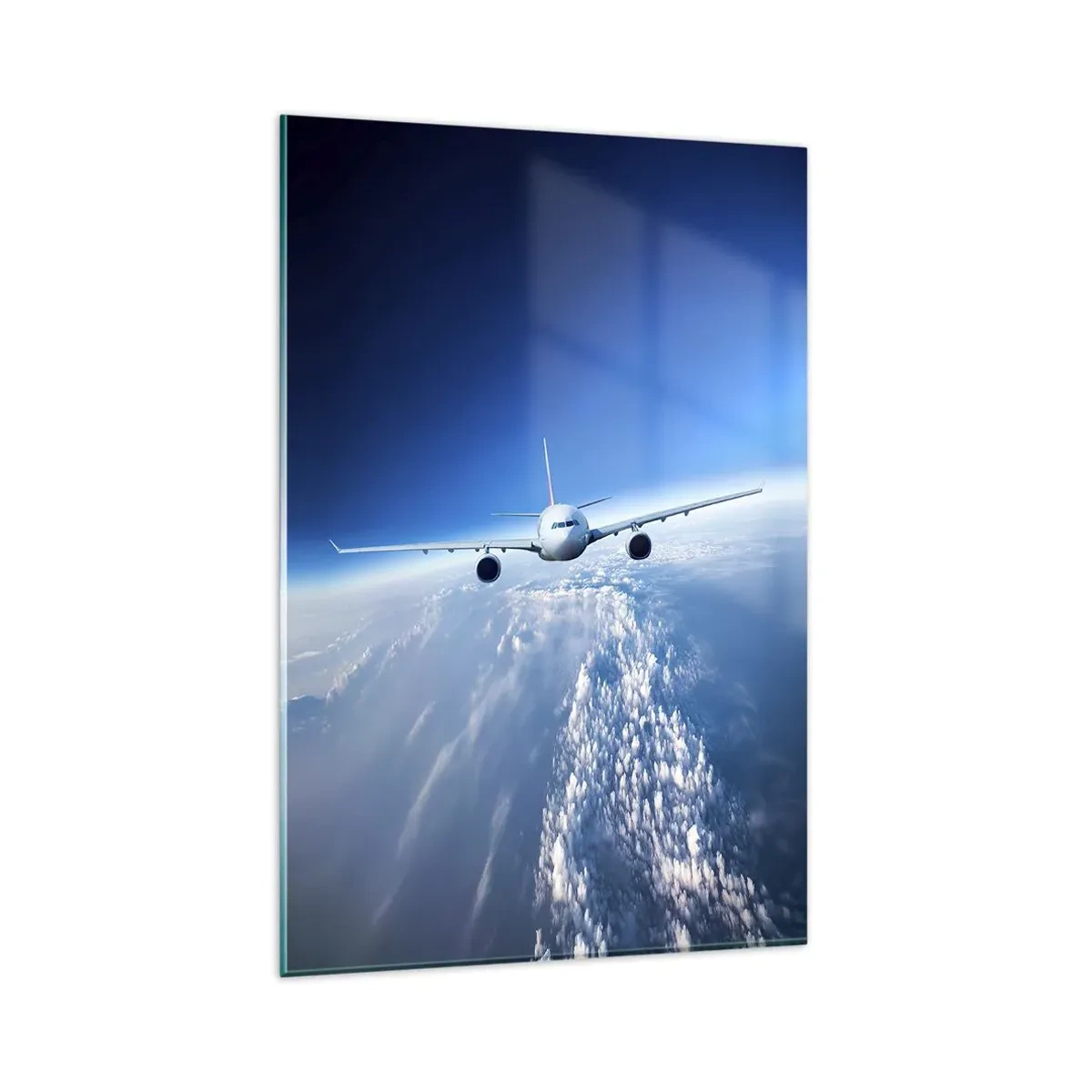 Quadro su vetro - Un aereo che vola sopra le nuvole contro un cielo blu - 80x120cm - Voglia di volare - Decorazione murale moderna per soggiorno e camera da letto ARTTOR