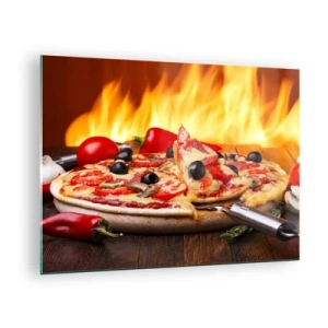 Quadro su vetro - Pizza con olive sullo sfondo delle fiamme del fuoco - 70x50cm - From Italy with love - Decorazione murale moderna per soggiorno e camera da letto ARTTOR