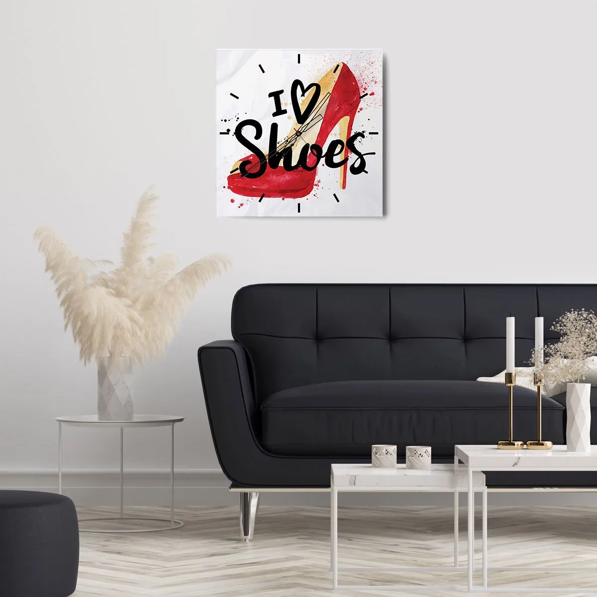 Orologio da parete - Orologio in Vetro - Stiletto rosso con la scritta I love Shoes su sfondo bianco - 30x30cm - Gli amori sono tanti - Decorazione murale moderna per soggiorno e camera da letto ARTTOR