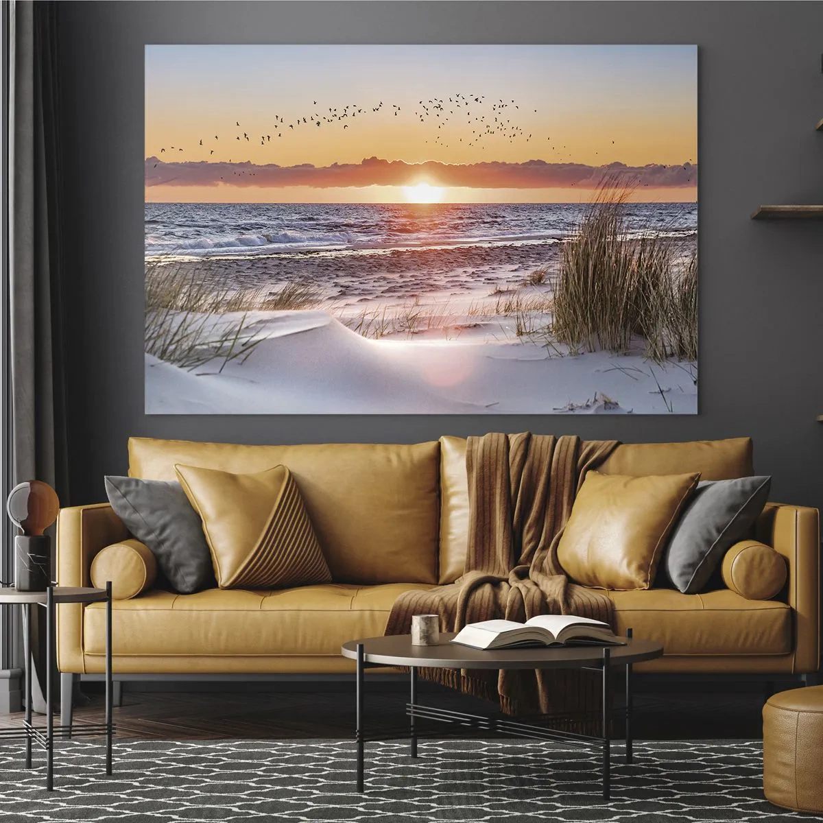 Quadro su vetro - Tramonto sul mare con uccelli e dune di sabbia - 70x50cm - Paesaggio orizzontale - Decorazione murale moderna per soggiorno e camera da letto ARTTOR