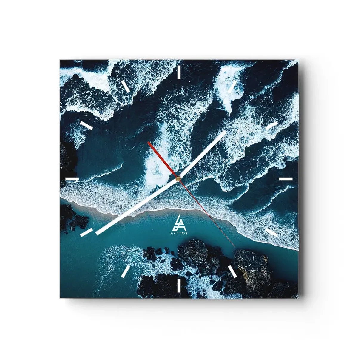 Orologio da parete - Orologio in Vetro - Vista aerea delle onde che si infrangono sulla riva - 30x30cm - Avvolte dalle onde - Decorazione murale moderna per soggiorno e camera da letto ARTTOR