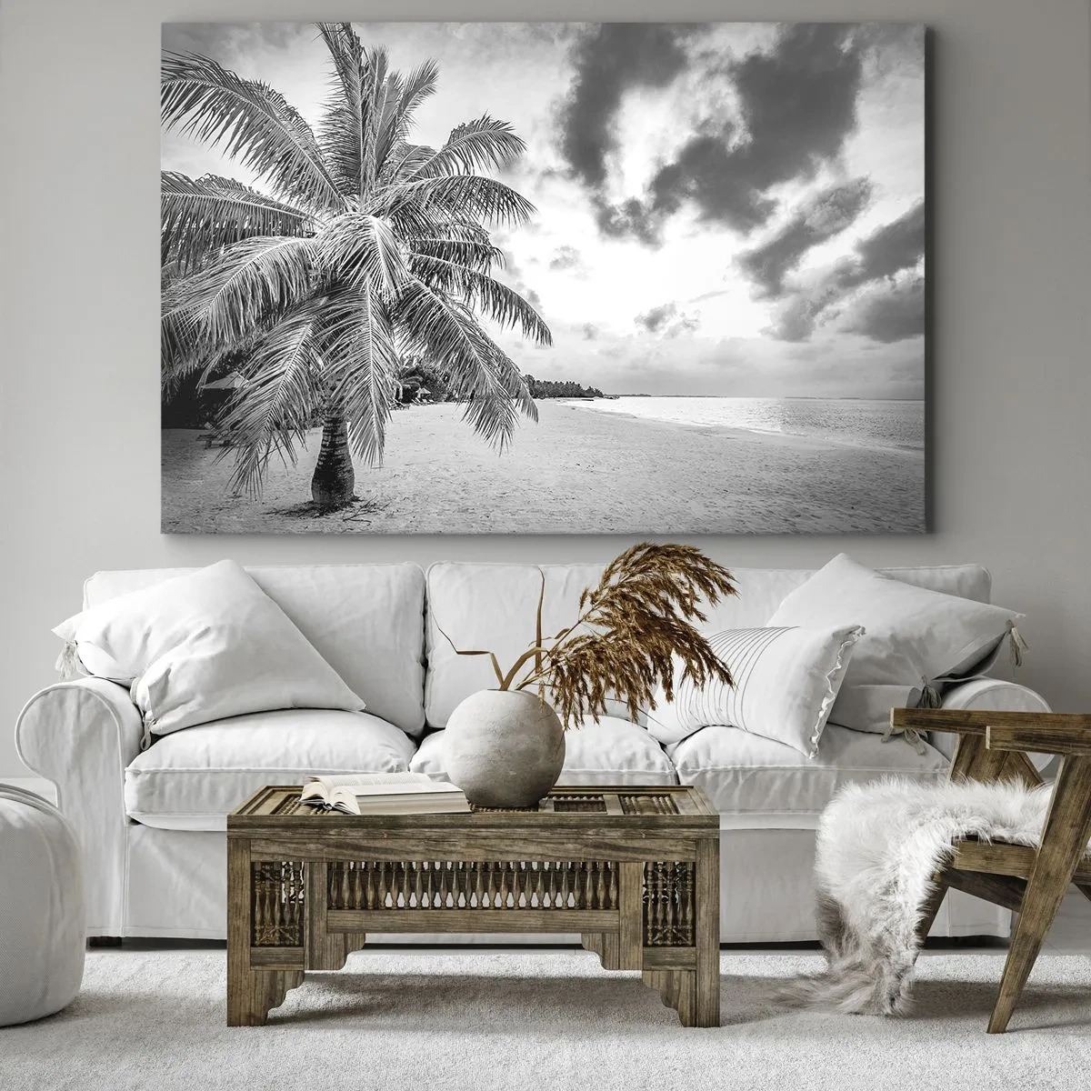 Quadro su tela - Stampe su Tela - Palma bianca e nera su una spiaggia deserta con nuvole - 70x50cm - Quando hai nostalgia della solitudine... - Decorazione murale moderna per soggiorno e camera da letto ARTTOR