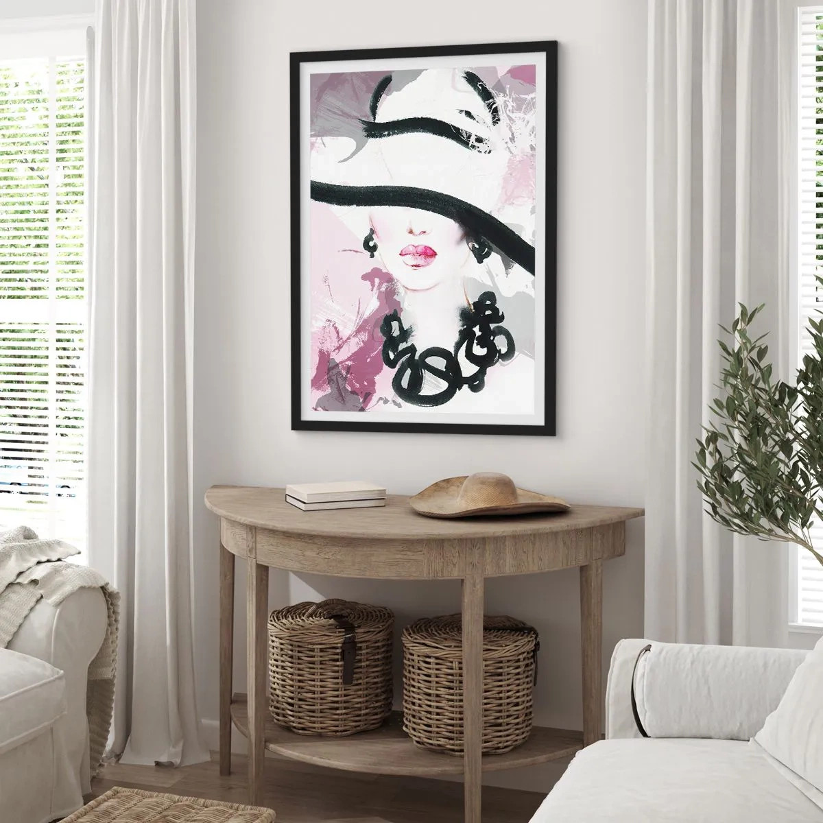 Poster in cornice nera - Un'elegante illustrazione del volto di una donna nei toni del rosa e del nero. - 50x70cm - Ritratto di donna in nero e rosa - Decorazione murale moderna per soggiorno e camera da letto ARTTOR