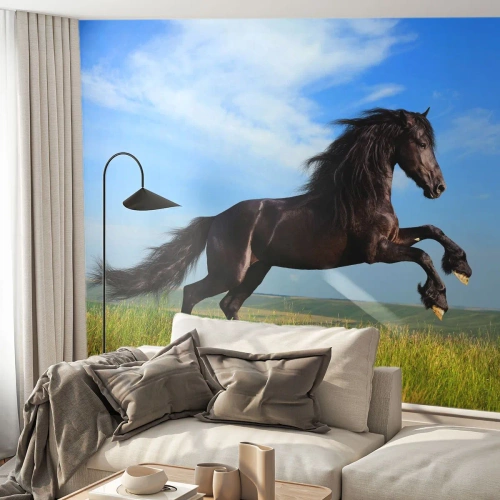 Fotomurali Premium Sand - Un cavallo nero che galoppa contro il cielo - 100x70cm - Coinvolgente manifesto di libertà - Decorazione murale moderna per soggiorno e camera da letto ARTTOR