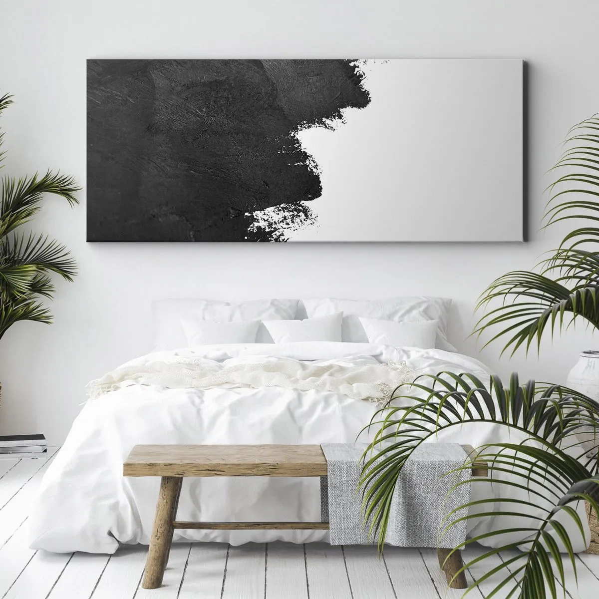Quadro su tela - Stampe su Tela - Astrazione in bianco e nero con pennellate contrastanti - 140x50cm - Gli elementi: la terra - Decorazione murale moderna per soggiorno e camera da letto ARTTOR