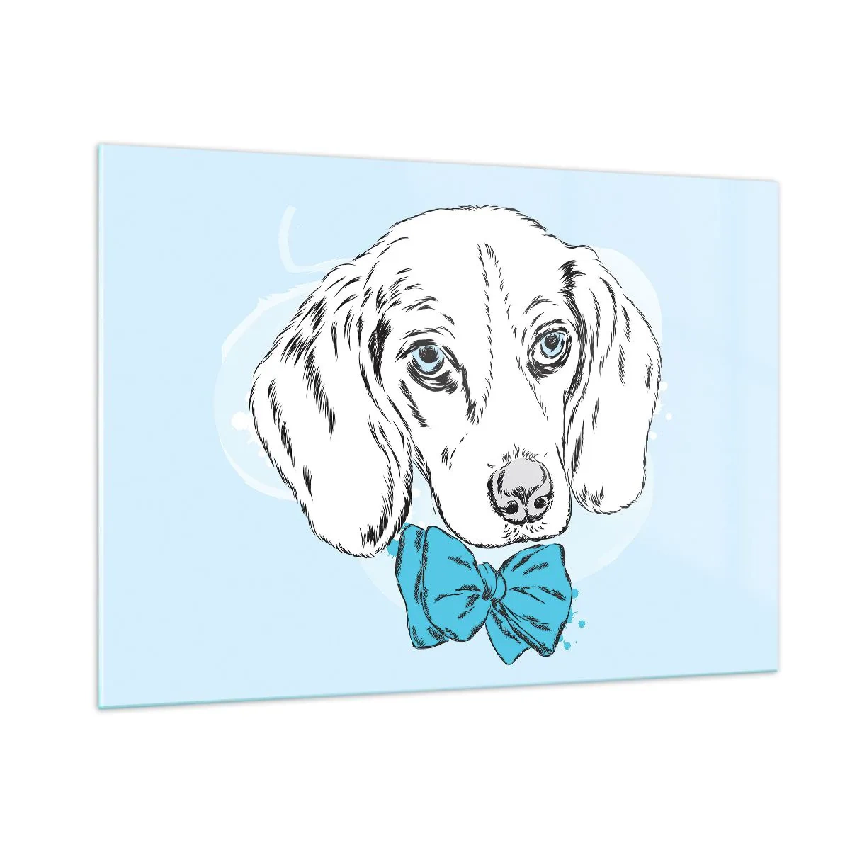 Quadro su vetro - Disegno di un cane con un papillon su sfondo blu - 100x70cm - Eleganza canina - Decorazione murale moderna per soggiorno e camera da letto ARTTOR