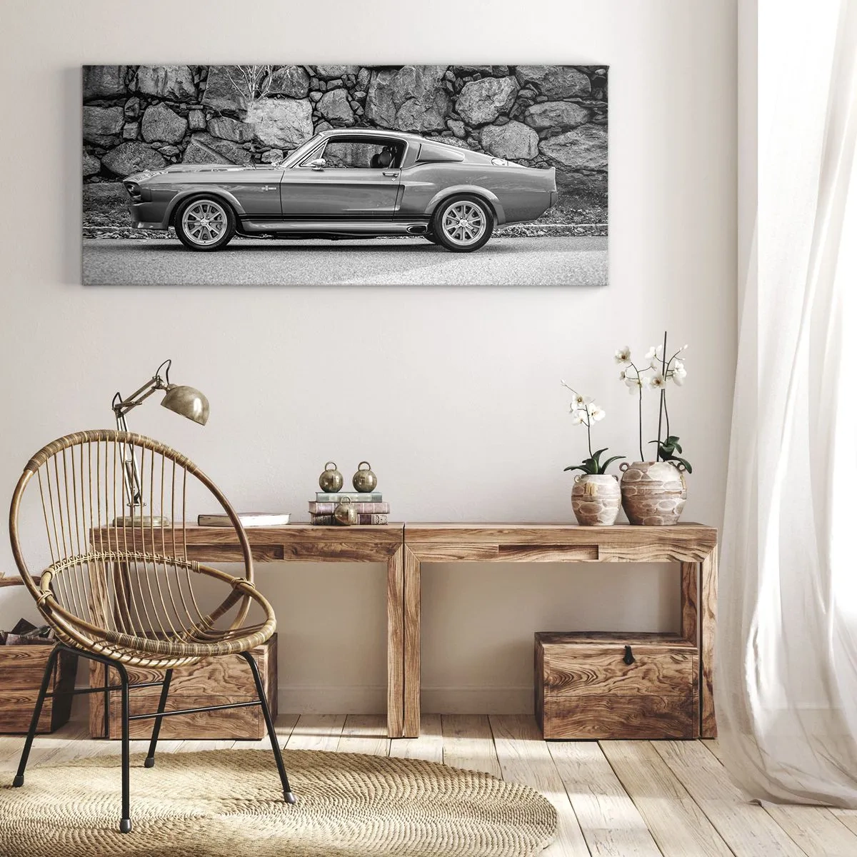 Quadro su tela - Stampe su Tela - Foto in bianco e nero di un'auto d'epoca - 160x50cm - La leggenda degli anni '60 - Decorazione murale moderna per soggiorno e camera da letto ARTTOR