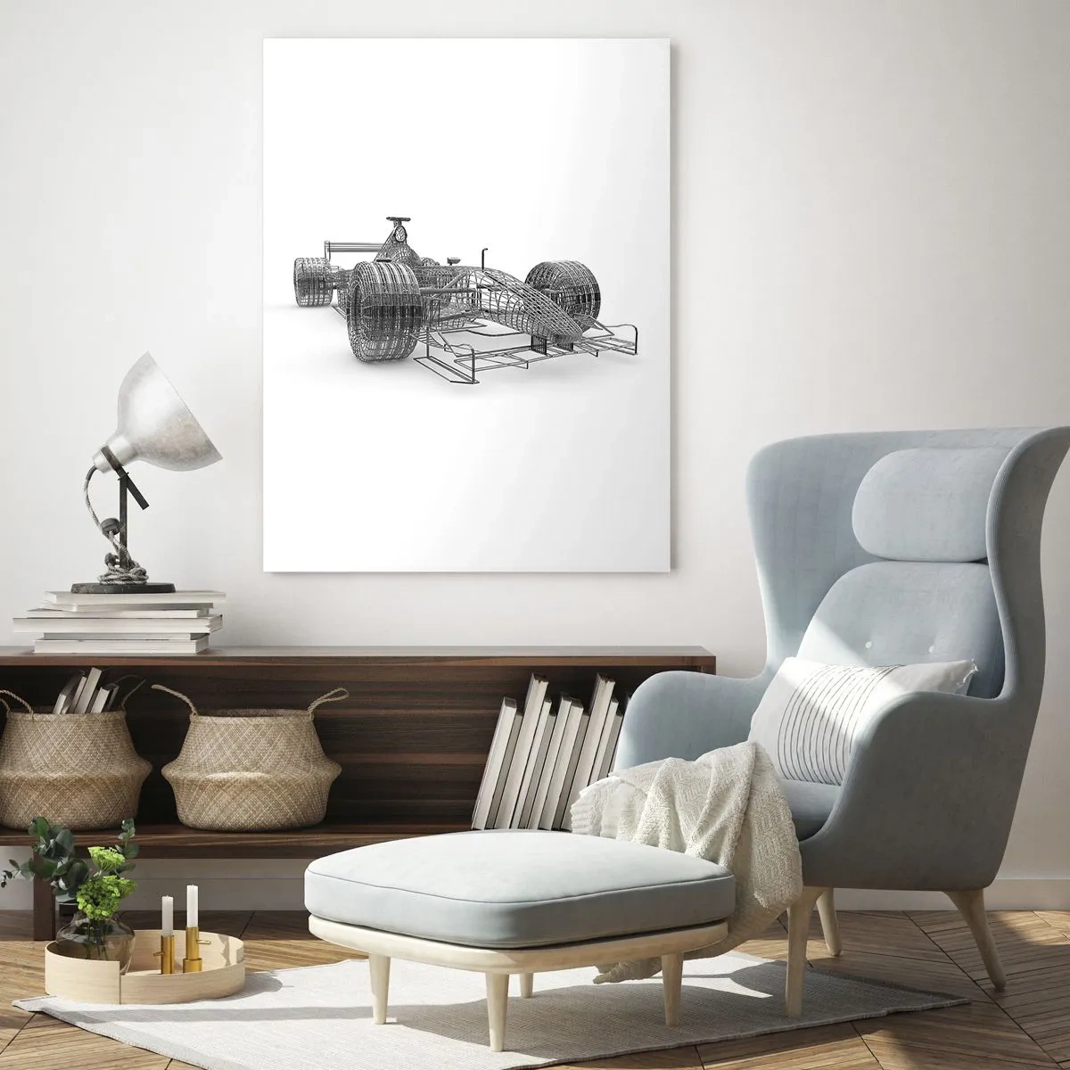 Quadro su vetro - Uno schizzo di un'auto da corsa su uno sfondo chiaro - 70x100cm - Struttura ideale: idea di slancio - Decorazione murale moderna per soggiorno e camera da letto ARTTOR