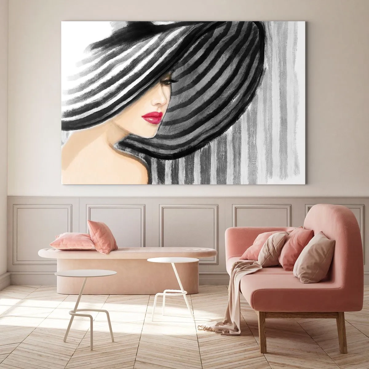 Quadro su vetro - Donna elegante con un cappello a righe bianche e nere - 70x50cm - Dove trovarti? - Decorazione murale moderna per soggiorno e camera da letto ARTTOR