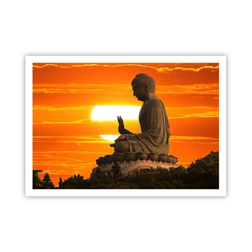 Poster - Una statua buddista sullo sfondo di un tramonto arancione - 100x70cm - Senza paura davanti al mondo - Decorazione murale moderna per soggiorno e camera da letto ARTTOR