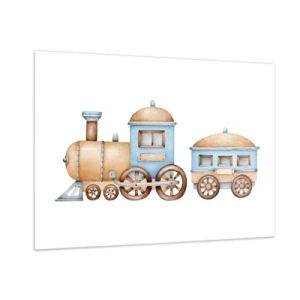 Quadro su vetro - Illustrazione di un treno a vapore nei toni del blu e del beige su sfondo bianco - 100x70cm - Fermo alla stazione... - Decorazione murale moderna per soggiorno e camera da letto ARTTOR