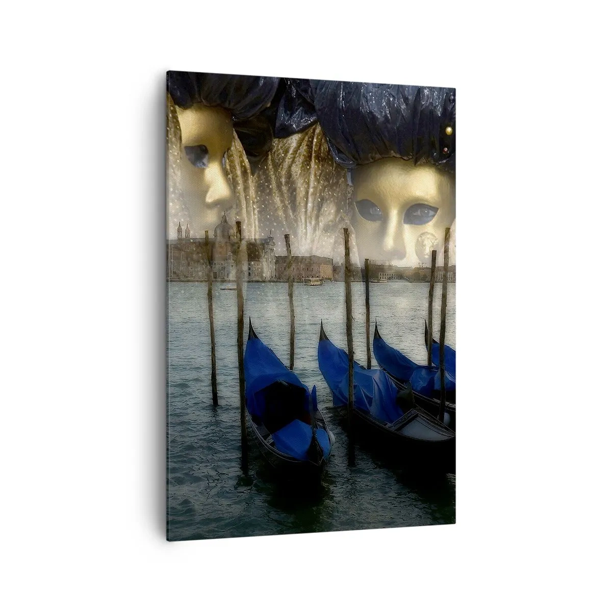 Quadro su tela - Stampe su Tela - Maschere di carnevale veneziane e gondole sullo sfondo della città e dell'acqua - 70x100cm - È ora di iniziare il carnevale - Decorazione murale moderna per soggiorno e camera da letto ARTTOR