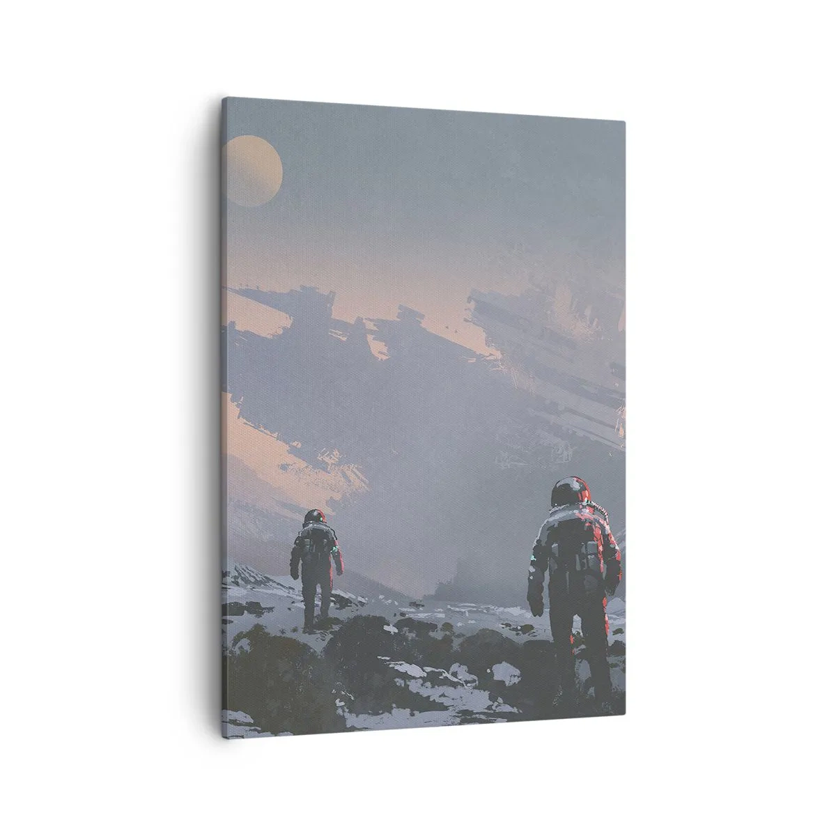 Quadro su tela - Stampe su Tela - Astronauti su un pianeta alieno con un relitto di astronave - 50x70cm - Sotto una stella sconosciuta - Decorazione murale moderna per soggiorno e camera da letto ARTTOR