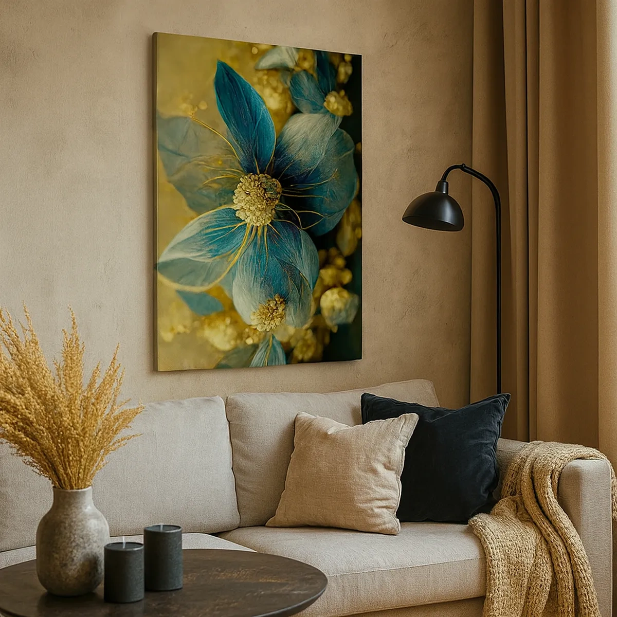 Quadro su tela - Stampe su Tela - Eleganti fiori nei toni del blu e dell'oro - 50x70cm - Fiorire d'oro - Decorazione murale moderna per soggiorno e camera da letto ARTTOR